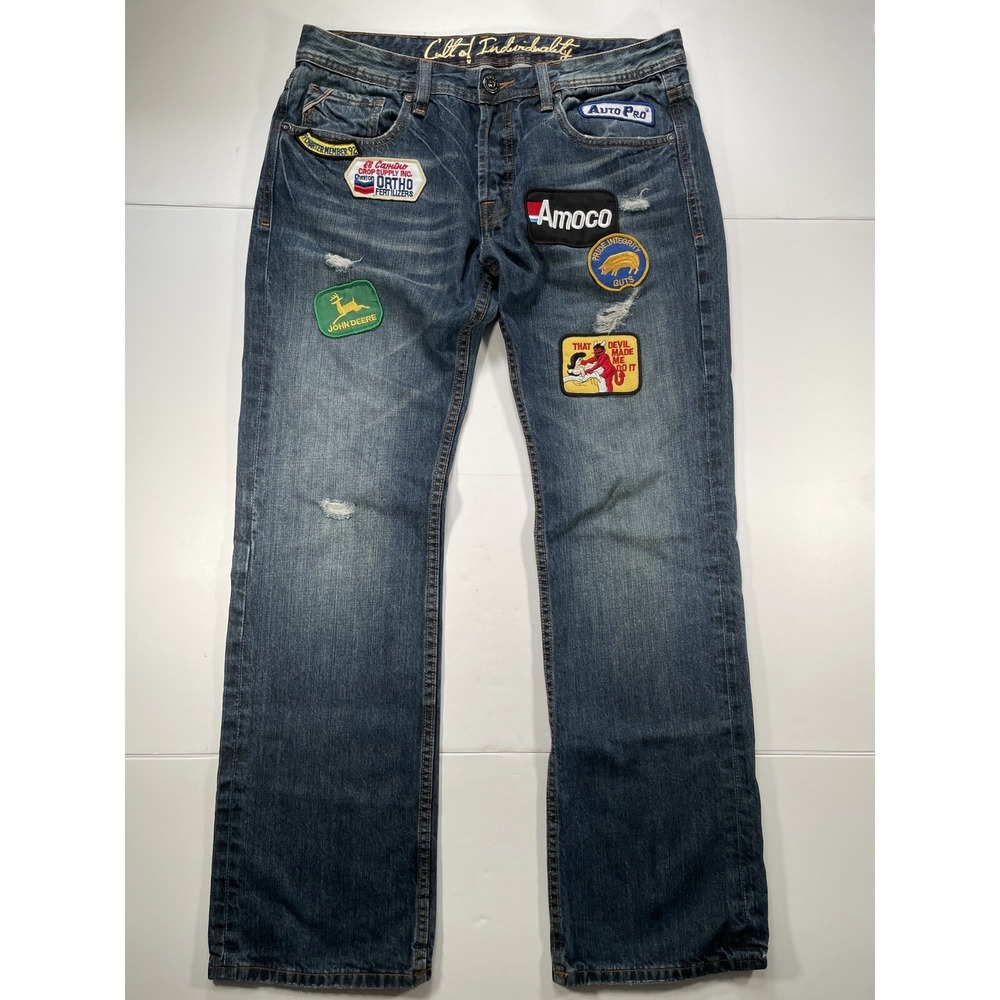 Cult of Individuality Jeans Mens 35x32 Blue Patched Distressed Straight Leg Deni